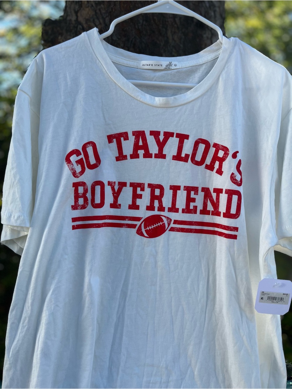 Altar'd State White Tee with Red "Go Taylor's Boyfriend" Graphic